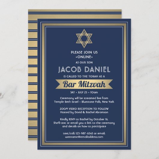 Virtuele Zoom Bar Mitzvah Marine Blauw Wit & Goud Kaart (Voorkant / Achterkant)