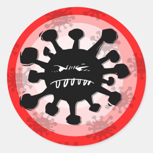 virussilhouet waarschuwingsteken, cartoon ronde sticker (Voorkant)