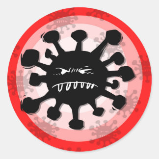 virussilhouet waarschuwingsteken, cartoon ronde sticker