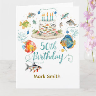 Vis 50ste verjaardag met vis-thema cake kaart
