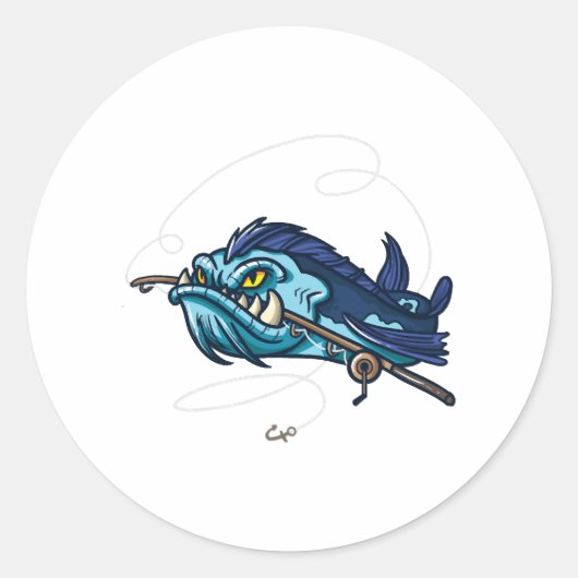 Vis Angry Fish met Rod Ronde Sticker (Voorkant)