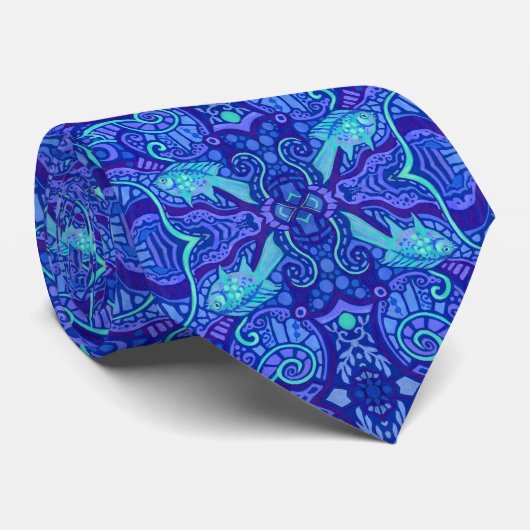 Vis Arabesque Onderwater Bohemian Pattern Paars Stropdas (Opgerold)