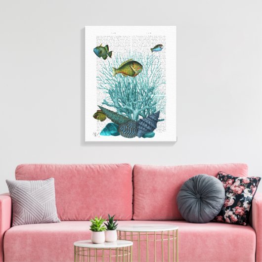 Vis, blauwe schalen en koralen canvas afdruk (Insitu (Woonkamer))