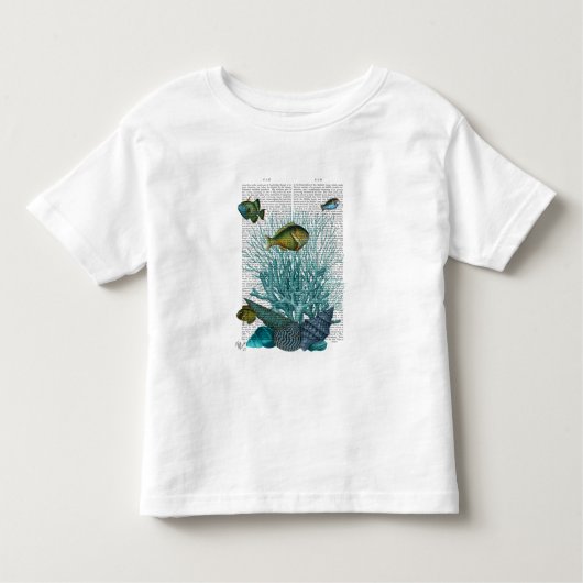 Vis, blauwe schalen en koralen kinder shirts (Voorkant)