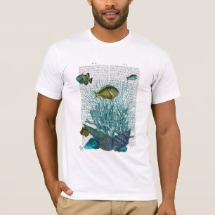 Vis, blauwe schalen en koralen t-shirt