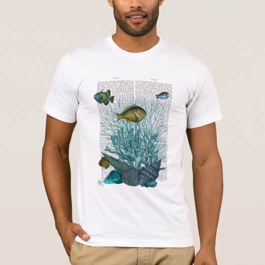 Vis, blauwe schalen en koralen t-shirt (Voorkant)