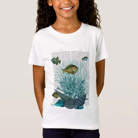 Vis, blauwe schalen en koralen t-shirt (Voorkant)