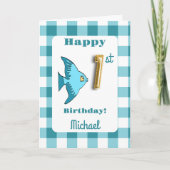 Vis & Blauwgroen Gingham Balloon Nummer 1e Verjaar Kaart (Voorkant)