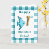 Vis & Blauwgroen Gingham Balloon Nummer 1e Verjaar Kaart (Gele Bloem)