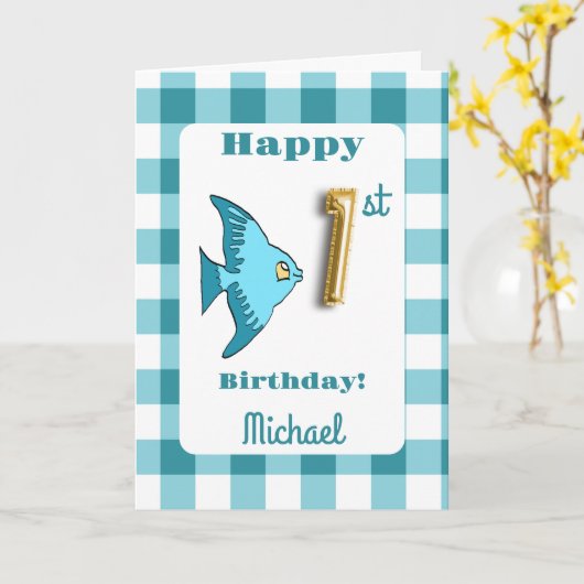 Vis & Blauwgroen Gingham Balloon Nummer 1e Verjaar Kaart (Gele Bloem)