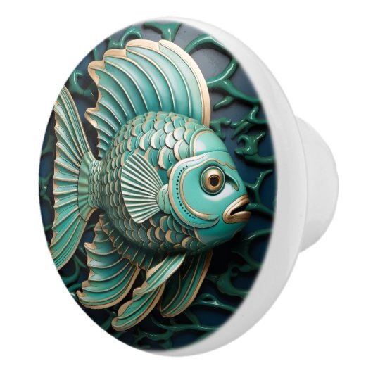 Vis Blauwgroen Groen en Koper Marien Leven Aquatis Keramische Knop (Rechts)