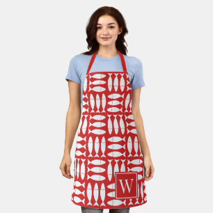 Vis Blok Afdruk Nautisch - Wit & Rood Monogram Schort