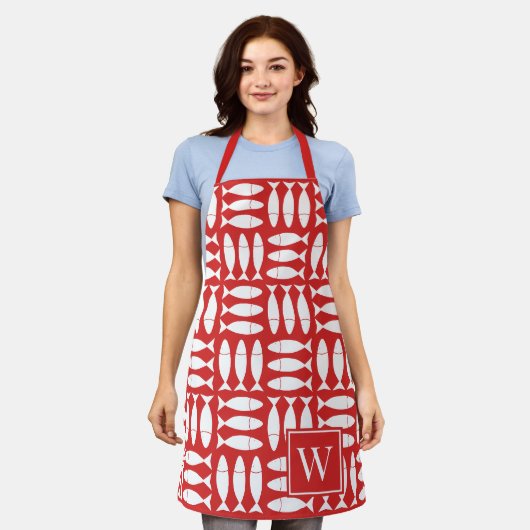 Vis Blok Afdruk Nautisch - Wit & Rood Monogram Schort (Gedragen)