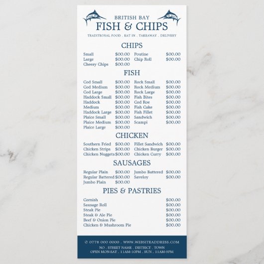 Vis & Chip Shop Restaurant Slimline Menu (Voorkant)