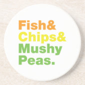 Vis & Chips & Wazige Erwten. Zandsteen Onderzetter (Voorkant)