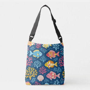 Vis en koraal in scheepsblauw crossbody tas