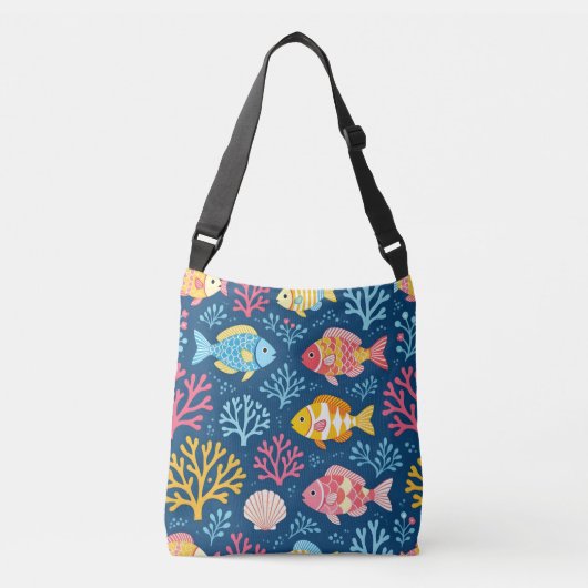 Vis en koraal in scheepsblauw crossbody tas (Voorkant)