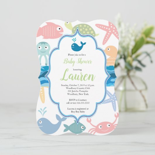 Vis en zee schepselen baby shower uitnodiging. kaart (Staand voorkant)