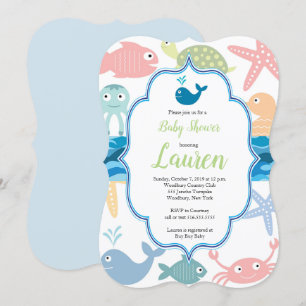 Vis en zee schepselen baby shower uitnodiging. kaart