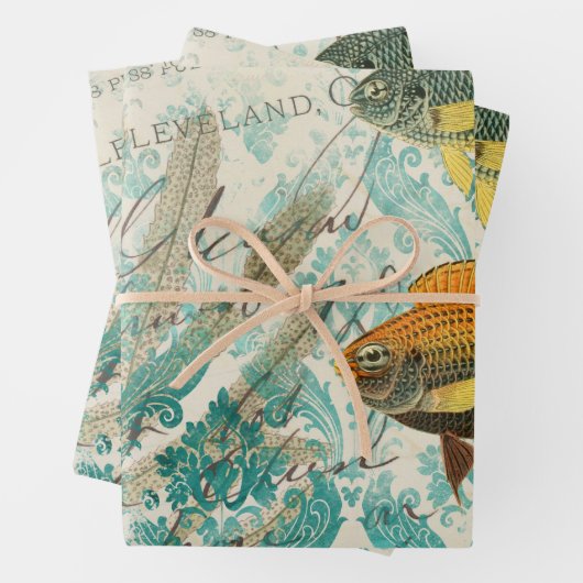 Vis en zeewier met schrijfwerk inpakpapier vel (In situ)