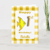 Vis & Gele Gingham Ballon Nummer 1e Verjaardag Kaart (Voorkant)