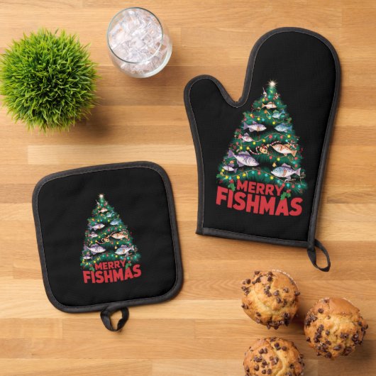 Vis Gevist met de blauwe kerstboom Ovenwant & Pannenlap Set (Top down)