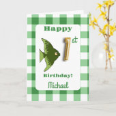 Vis & Groene Gingham Ballon Nummer 1e Verjaardag Kaart (Gele Bloem)