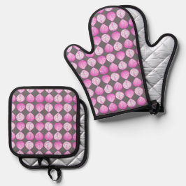 Vis hoofd bladeren pastel fuchsia magenta wit grij ovenwant & pannenlap set