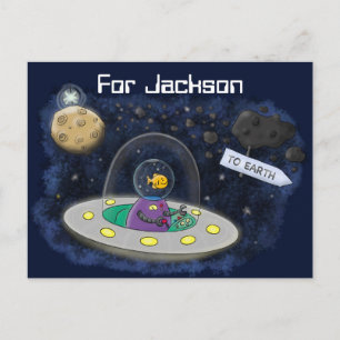 Vis in cartoon van buitenaardse ruimtevaartuigen briefkaart