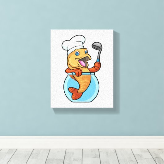 Vis in glas als Cook met soep Canvas Afdruk (Insitu (Houten vloer))