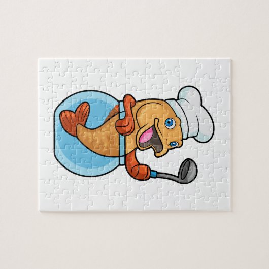Vis in glas als Cook met soep Legpuzzel (Horizontaal)