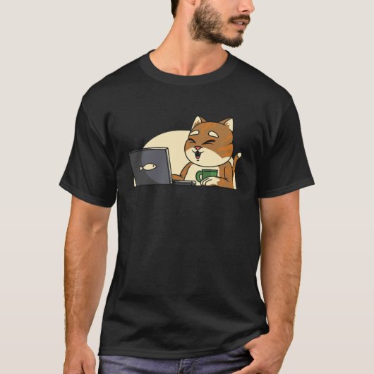 vis kat drinkend koffie kijkend leptop t-shirt (Voorkant)
