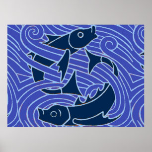 Vis Kwegend Zwemmend Oceaan Blauw Vissen Poster