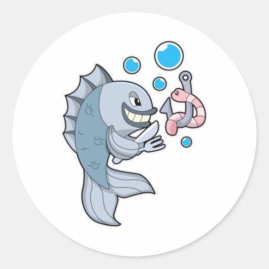Vis met vishaak en -worm ronde sticker (Voorkant)