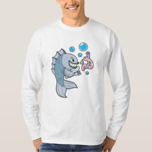 Vis met vishaak en -worm t-shirt