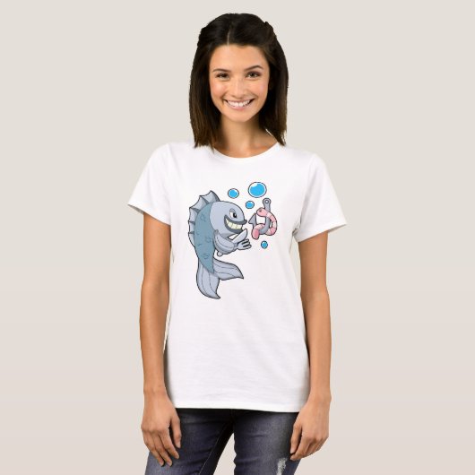 Vis met vishaak en -worm t-shirt (Voorkant volledig)
