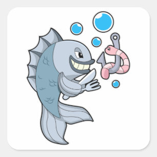 Vis met vishaak en -worm vierkante sticker