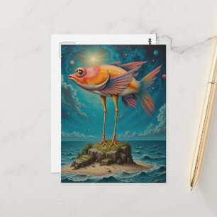 Vis Met Vogelpoten Op Klein Eiland Surrealistisch Briefkaart