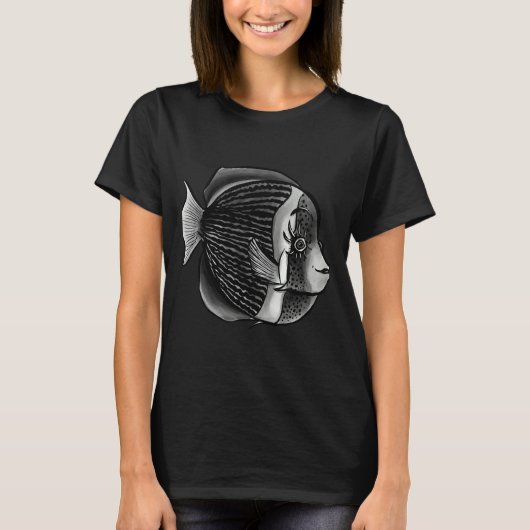 Vis met wimpers zwart en wit digitale inkt t-shirt (Voorkant)