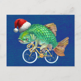 Vis op een fiets met kerstmuts feestdagenkaart