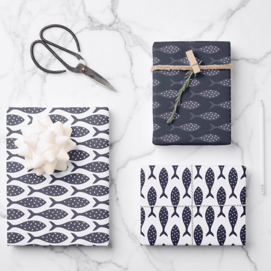 Vis Patroon Blauw Wit Wrapping Papier Bladen Inpakpapier Vel (Voorkant)