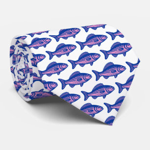 Vis Patroon - Navy Blauw en Roze op Wit Stropdas