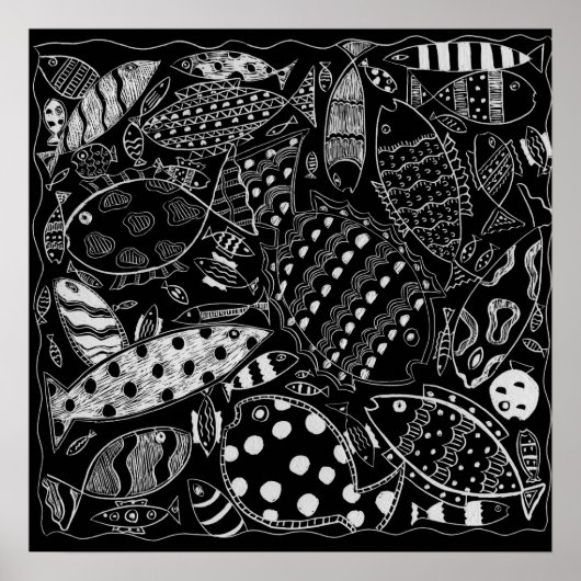 Vis Pattern Black en White Modern Art Print (Voorkant)
