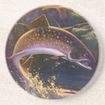 vis, sport Gevist voor Brook Trout Zandsteen Onderzetter<br><div class="desc">model van de vissoort met een visser die op bordorforel vist.</div>