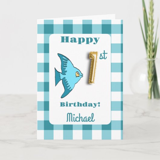 Vis & Teal Gingham Ballon Nummer 1e Verjaardag Kaart (Voorkant)