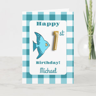 Vis & Teal Gingham Ballon Nummer 1e Verjaardag Kaart