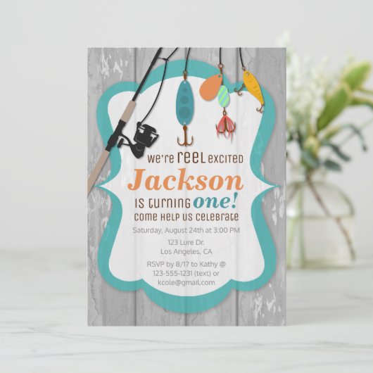 Vis Uitnodiging Verjaardagsfeestje 'Reel Excited' (Staand voorkant)