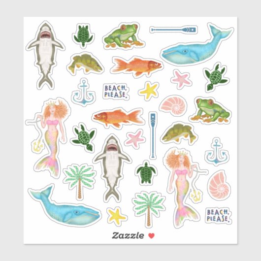 Vis Walvissen Zeemeerminnen Strand Oceaan nautisch Sticker (Vel)