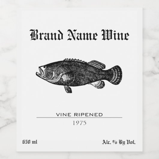 Vis Zwart & Wit Minimalistisch Zwart Grouper Wijn Etiket (Enkel label)