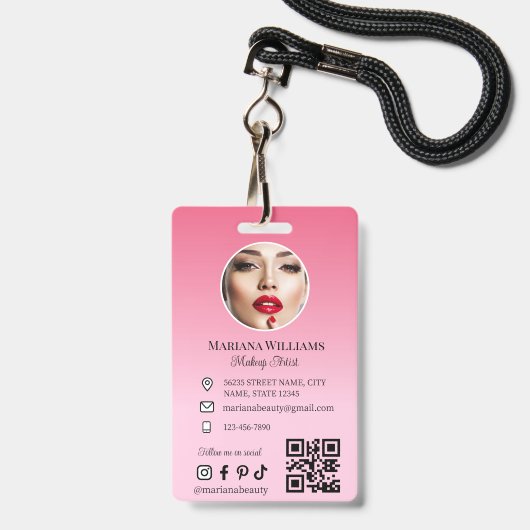 visagist foto qr-code roze klein bedrijf badge (Voorzijde met lanyard)